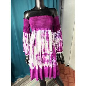 Just From Bali Purple Tie Dye‎ Off Shoulder Bell Sleeve midi Dress one size S ,M